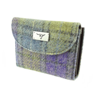 Harris Tweed 'Jura' Short Wallet in Muted Lilac Lime Green Tartan
