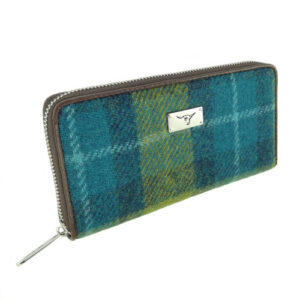 Harris Tweed 'Staffa' Long Zip Purse in Sea Blue Green Tartan