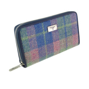 Harris Tweed 'Staffa' Long Zip Purse in Soft Blue and Pink Tartan
