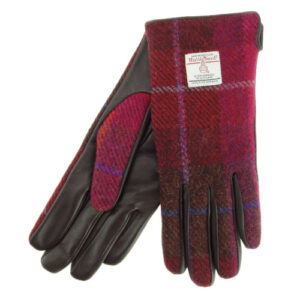 Ladies Brown Leather & Tweed Gloves in Dark Pink Tartan