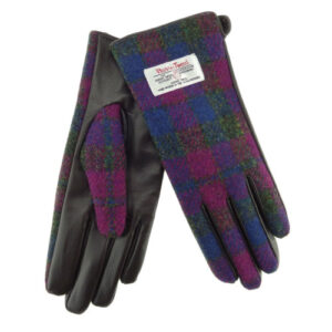Ladies Brown Leather & Tweed Gloves in Heather Check