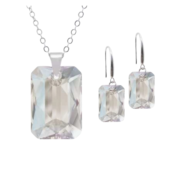 Rectangular drop earrings & Necklace in Clear Crystal