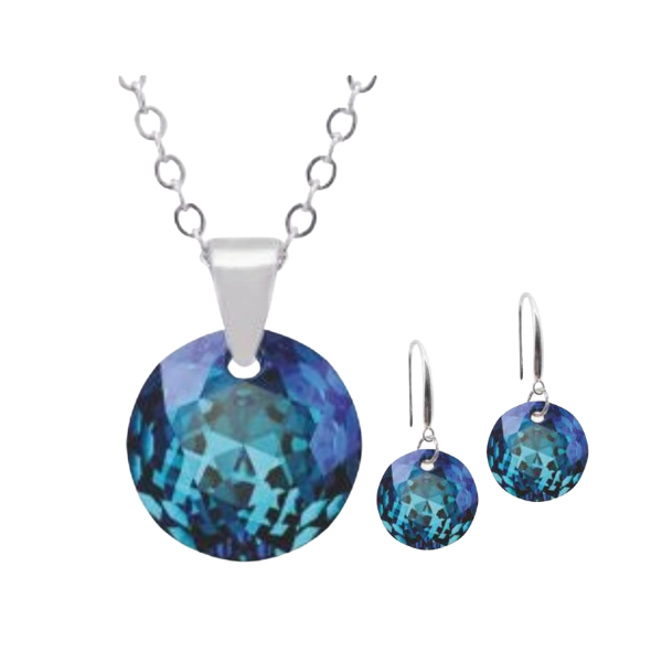 Round drop earrings & necklace in Bermuda Blue