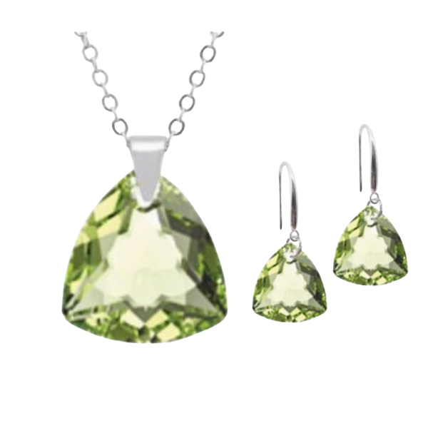 Triangular, Trilliant Cut drop earrings & necklace in Peridot Green