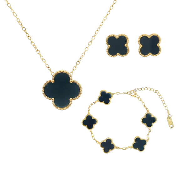 Black Four Leaf Clover Bracelet Necklace Earrings Set