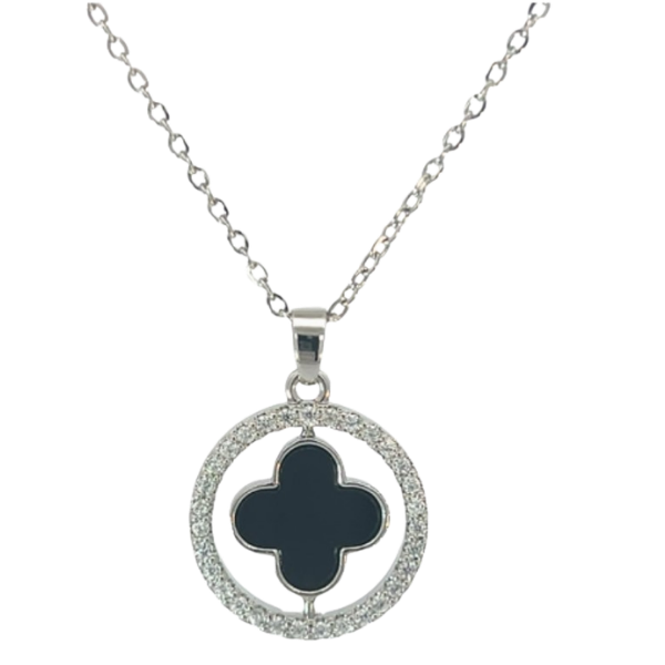Four Leaf Clover Silver & Black Circle Pendant Necklace