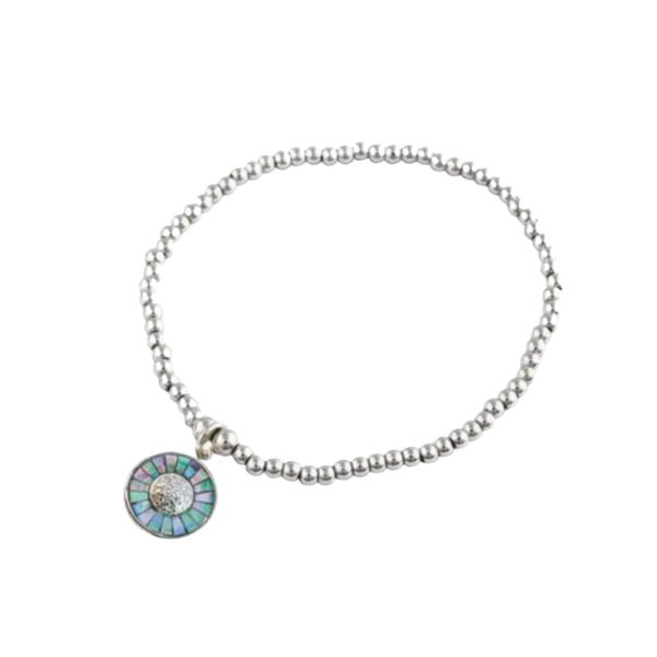 Stretch Bracelet with Silver Coloured Beads and Round Charm